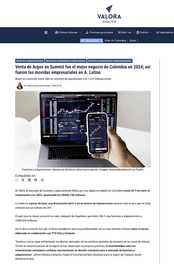 Venta de Argos en Summit fue el mejor negocio de Colombia en 2024; as� fueron las movidas empresariales en A. Latina